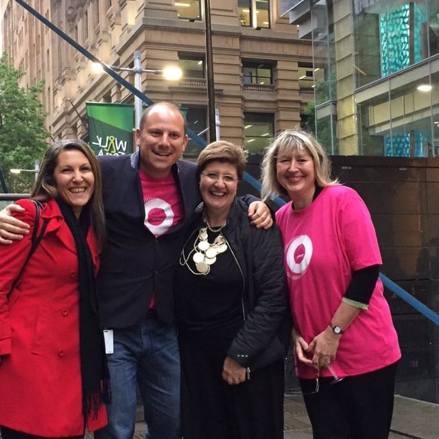 Four attendees on a Sydney street outside an evening Spark Festival event