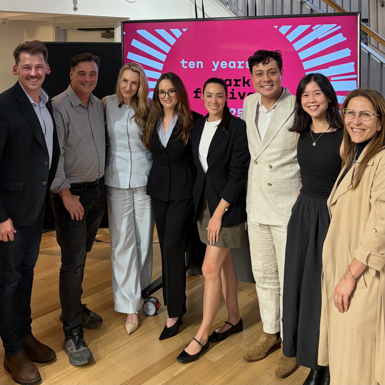 The Spark Festival team at Spark Festival 2025, from left: Nicholas Chilton, Paul Wallbank, Kristy McSweeney, Alexandra Hall, Lucinda Batey, Harry Godber, Calida Tang and Anne-Marie Elias